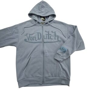 Von Dutch Hoodie Mens L Blue Full Zip Hooded Fleece Graphic Logo Pockets